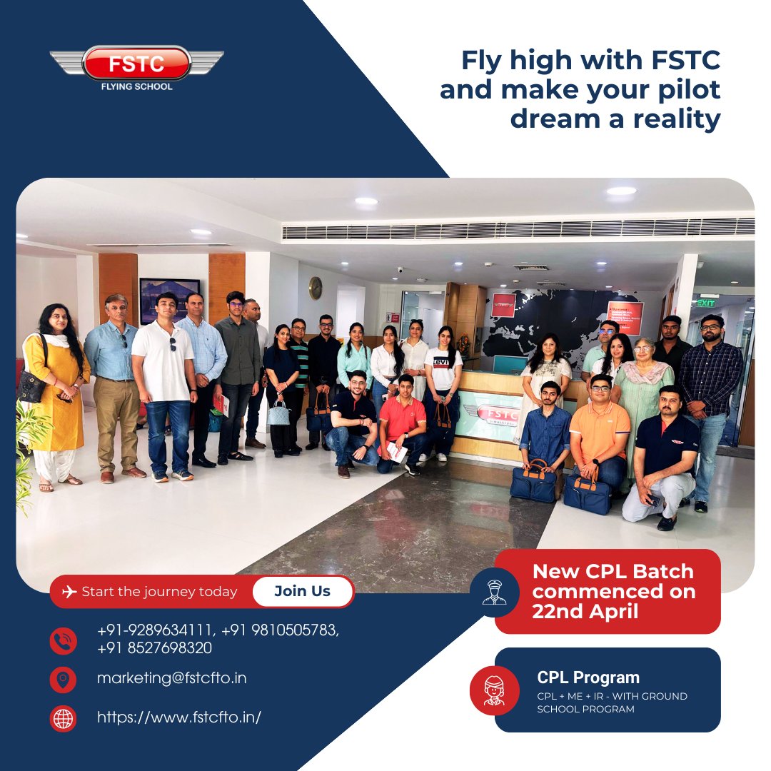 fstc_india's tweet image. Our #CPLbatch commenced on April 22nd. We extend a warm welcome to all cadets and wish you a successful learning experience. Embark on your pilot journey with #FSTCFlyingSchool. Join us today : 8527698320, 9289634111, 9810505783, marketing@fstcfto.in
#fstc #ppl #cpl #TypeRating