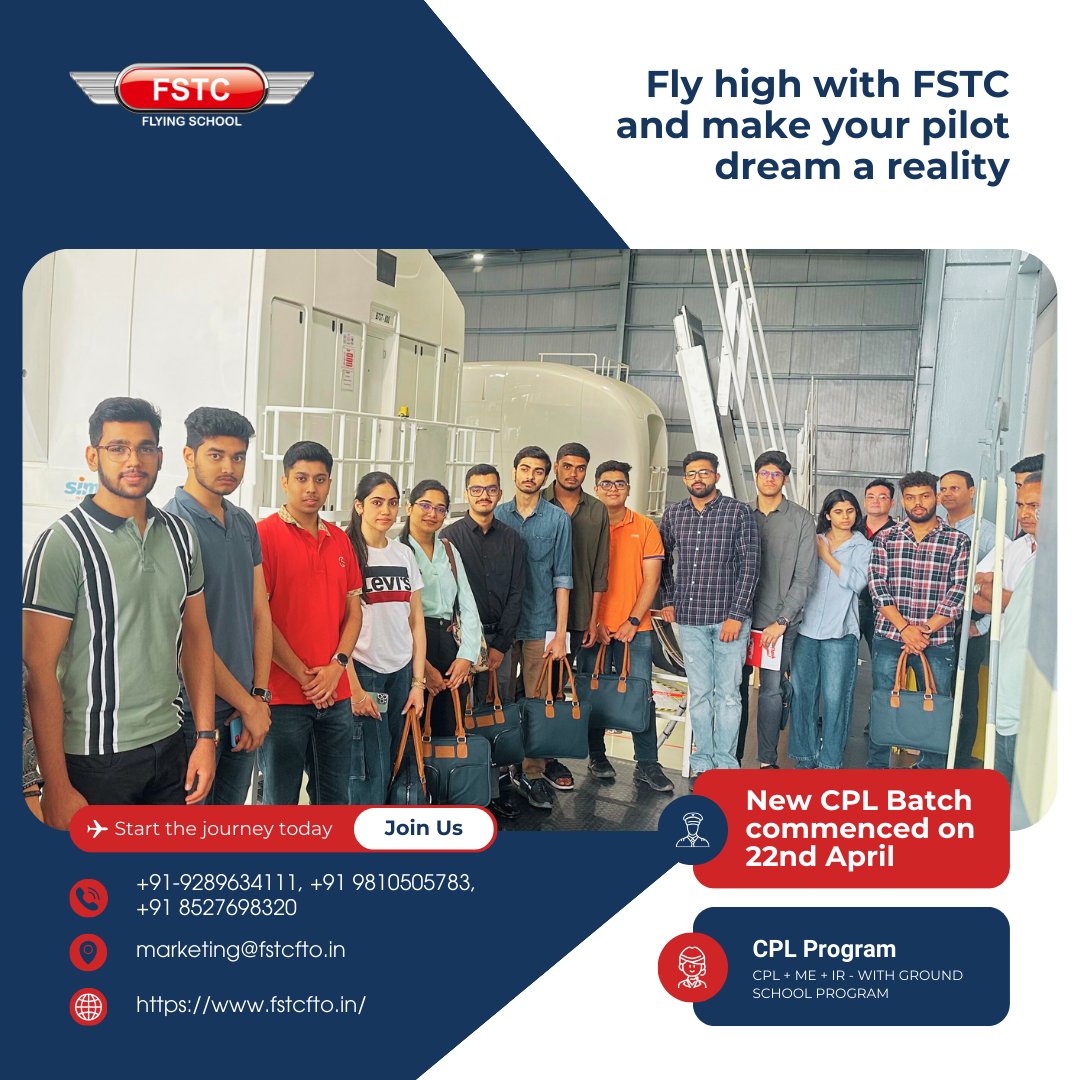 fstc_india's tweet image. Our #CPLbatch commenced on April 22nd. We extend a warm welcome to all cadets and wish you a successful learning experience. Embark on your pilot journey with #FSTCFlyingSchool. Join us today : 8527698320, 9289634111, 9810505783, marketing@fstcfto.in
#fstc #ppl #cpl #TypeRating