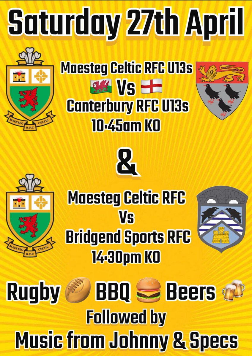 Come and support the Celts this Saturday with the U13s hosting English 🏴󠁧󠁢󠁥󠁮󠁧󠁿 touring team Canterbury RFC,  followed by the seniors last game of the season against the sports should be a great day 👍🏻🏉🍻