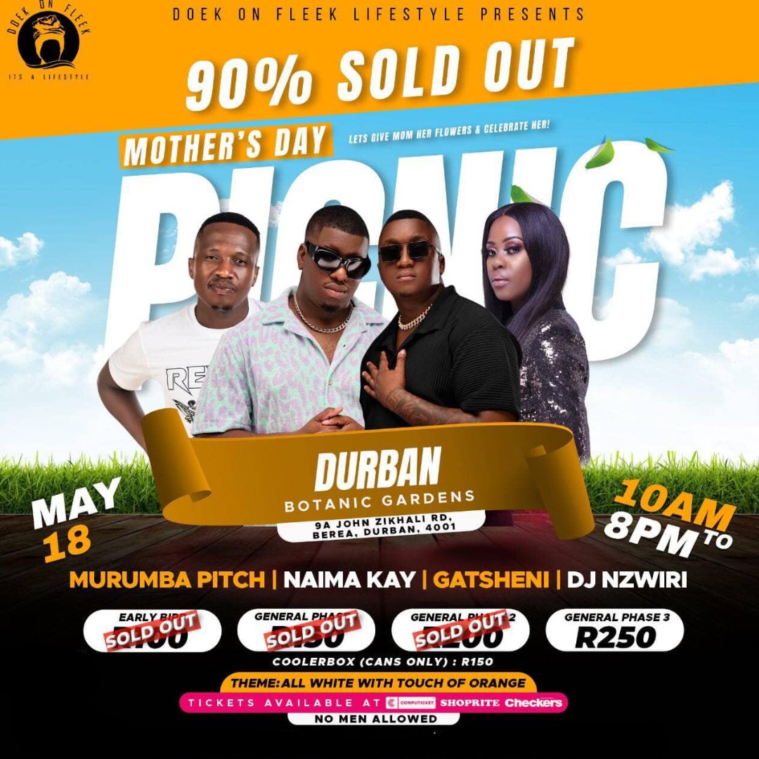 It’s time to take Mom outside for a good time and the Doek On Fleek team have cooked up something special for your Mother’s Day Celebrations! Durban, are you ready to rock for the Ol’ Lady? 🔗 brnw.ch/21wJ50K 📍 Durban Botanic Gardens 📆 18 May 💰 From R300