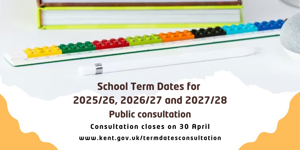 One week to go to give us your views on the proposed school term dates for the academic years 2025/26, 2026/27 and 2027/28. Please visit kent.gov.uk/termdatesconsu… to review the proposed dates and complete our online questionnaire. #Kent #KCC #termdates