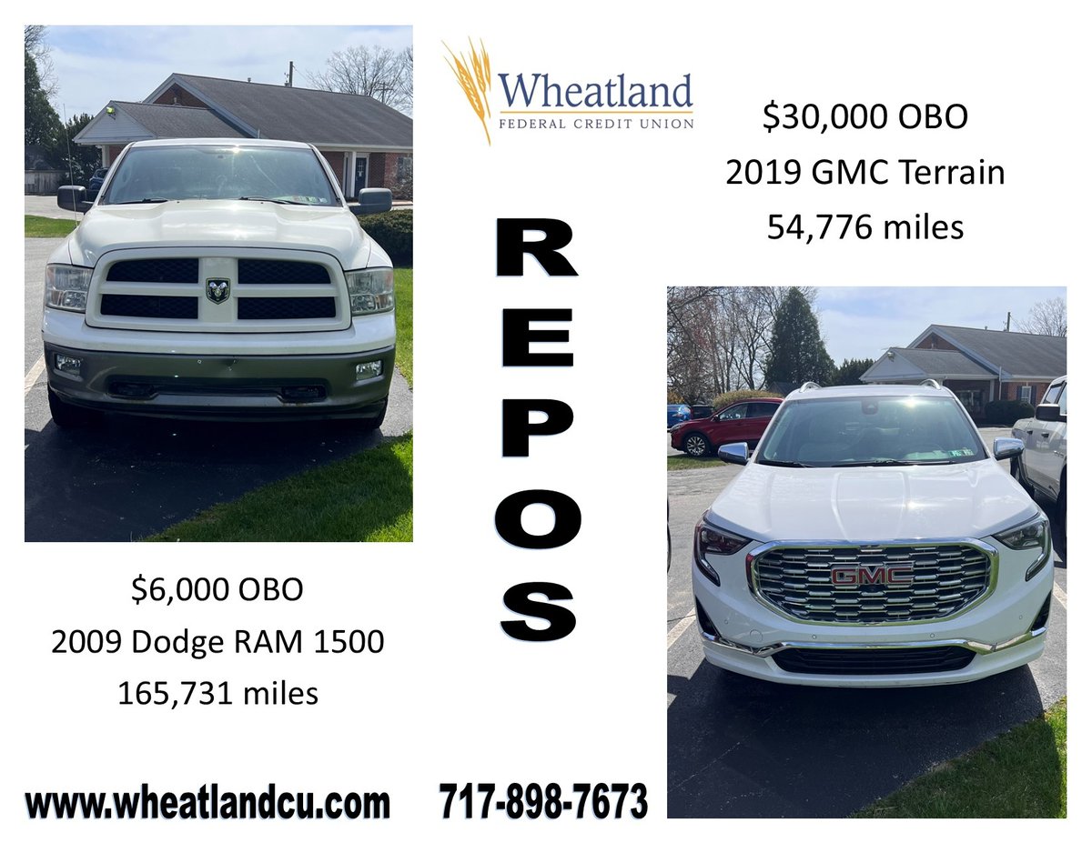 2 Repos for sale at our Centerville branch. 
#repos
#autoforsale
#wfcu4U