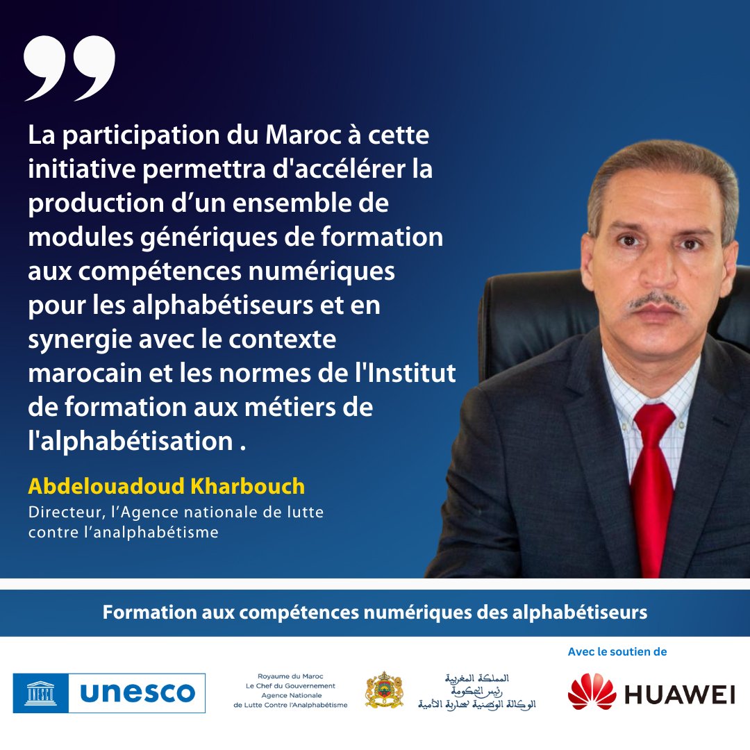 La participation du Maroc à cette initiative permettra d'accélérer la production d’un ensemble de modules génériques de formation aux compétences numériques pour les alphabétiseurs et en synergie avec le contexte 🇲🇦. A. Kharbouch @ANLCAcom Directeur bit.ly/3Ws2zir