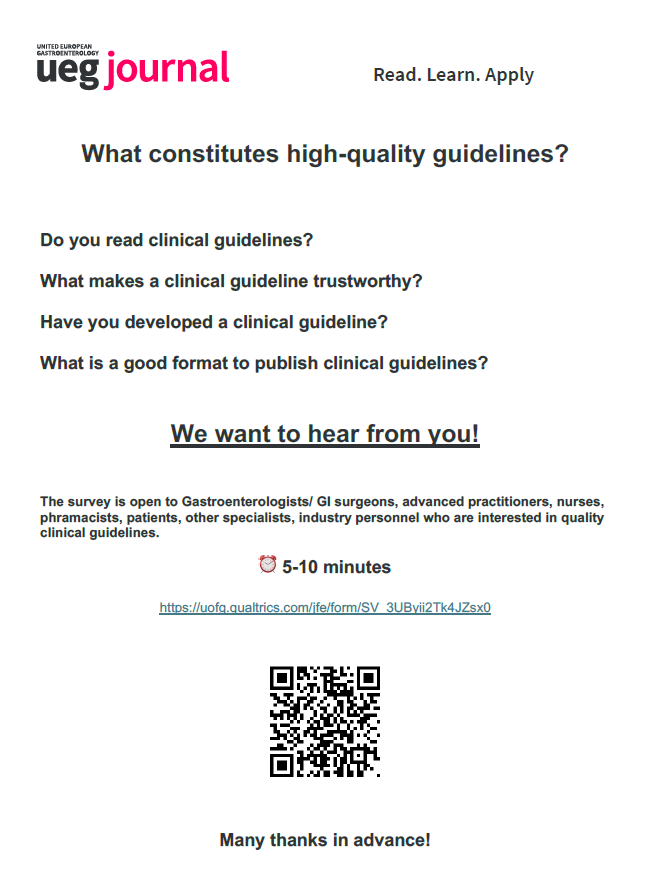 What constitutes a quality clinical guideline? A group of #gastroenterologists and surgeons affiliated with European societies are exploring consumers’ views of what constitutes high-quality guidelines. Take this survey to give your feedback! 🗒️ i.mtr.cool/mctdhyabor @my_ueg