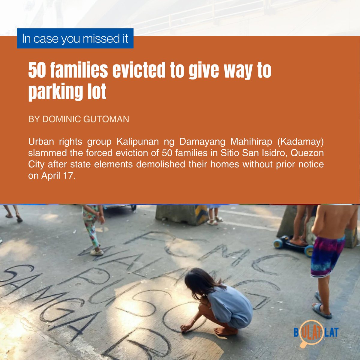 The residents said that there was neither relocation nor financial assistance provided for around 300 affected individuals. The demolition forced the affected families to spend the night along Quezon Avenue. Read: bulatlat.com/2024/04/19/50-…