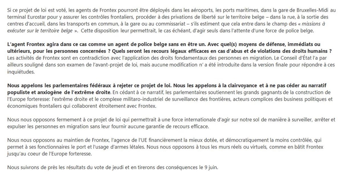 "Non au déploiement de Frontex en Belgique"

Communiqué de presse d'<a href="/abolishfrontex/">Abolish Frontex</a>.be en vue du vote de ce jeudi 25 avril du projet de loi autorisant les agents Frontex à exercer des fonctions de police dans les arrestations/retours forcés en Belgique.
abolishfrontex.be/non-au-deploie…