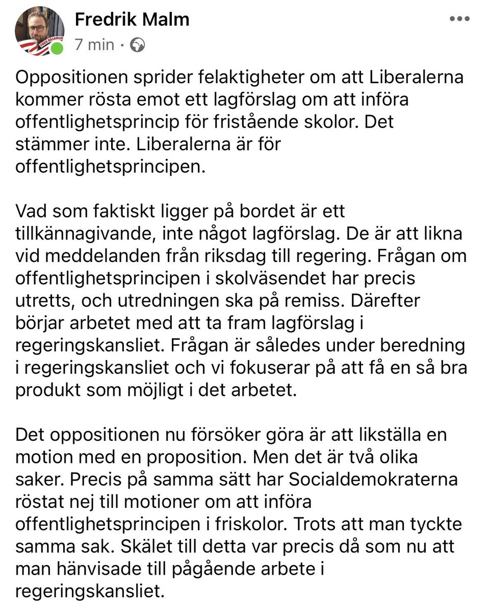 Klargörande av Fredrik Malm om offentlighetsprincipen.