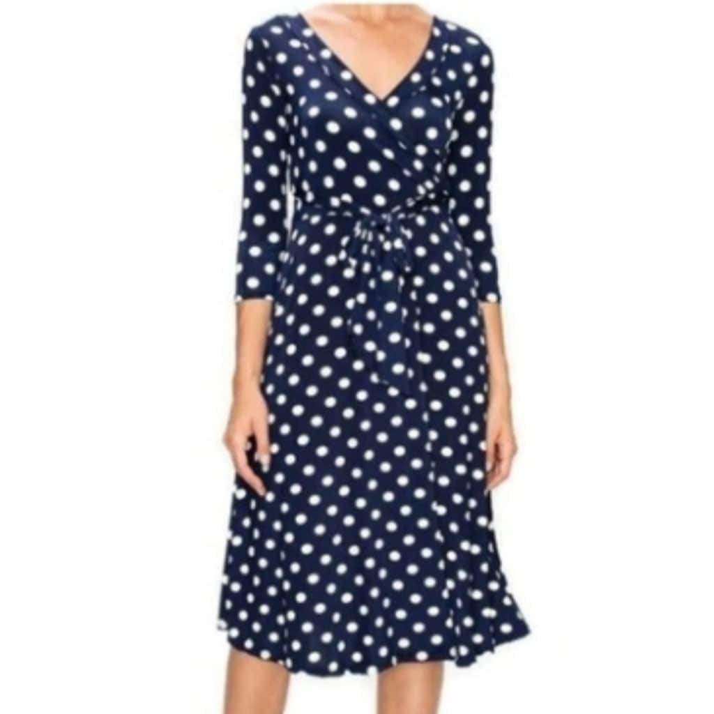 Navy White Polka Dot Faux Wrap Knee Length Dress tuppu.net/282c6bfe #wedding #plussizefashion #jumpsuits #maxidress #womenfashion #smallbusiness #janettefashion #bridesmaid #FauxWrapDresses