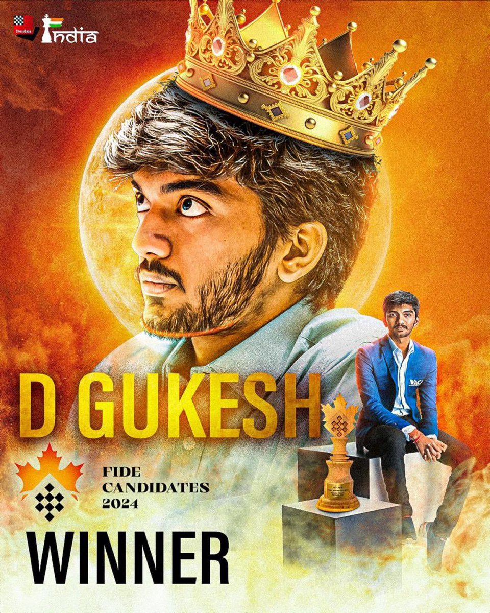 Heartiest congratulations D Gukesh #Candidates2024 chess championship truly highlights your unparalleled talent and unwavering determination. Your victory is not just a win but an inspiration to aspiring chess players everywhere. India stands proudly behind you, celebrating this