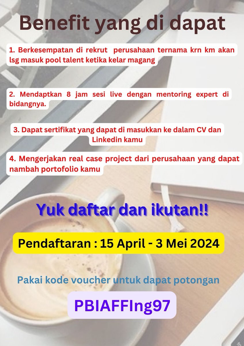 inggridPris's tweet photo. Mau penawaran spesial biar bisa dapat #kerja ? Bisa donk dengan ikut #magangonline ini. Yuk daftarkan segera diri kalian di link yg ada di bio atau di gambar ini. #fyp #rakaminacademy #magangbersertifikat #tipscv #pinterst #lebaran2024 #infoloker #curiculumvitae #vibesramadan https://t.co/fyafBKYgMo