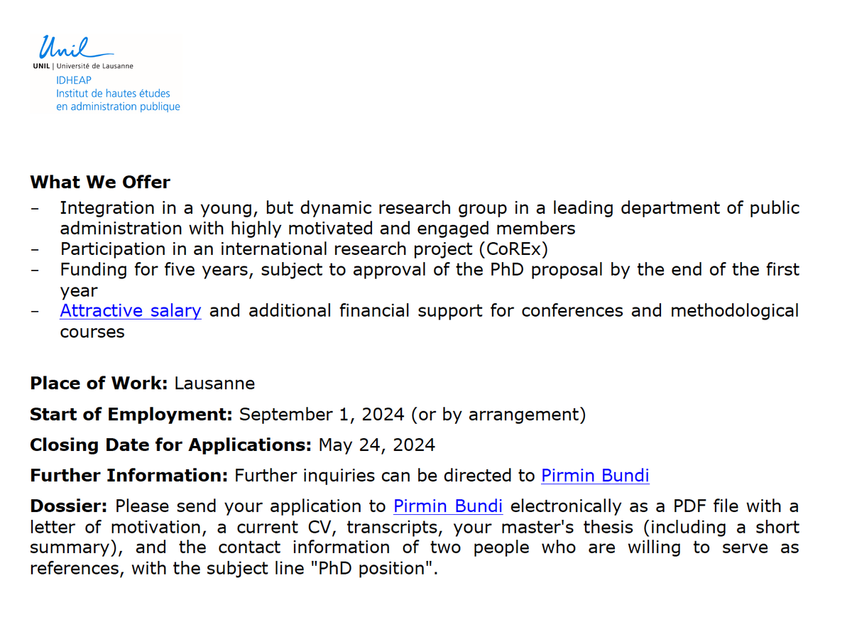 Job advertisement 📢 🎓 I am looking for a PhD student (5 years) for the #CoREx @COSTprogramme project @unil (with @philipp_trein). We aim to study the relationship between governments, top civil servants & ministerial advisors in Switzerland. Apply here: tinyurl.com/2txv237d