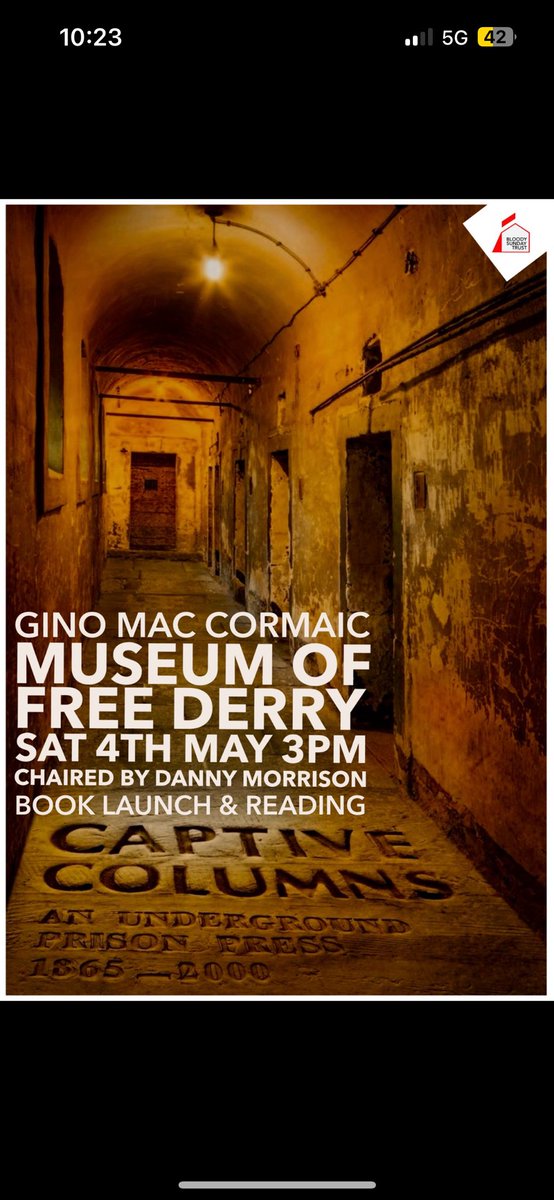 📕Book Launch and Reading 📕

 📆4th May
⏰ 3pm 
📍Museum of Free Derry 

Gino Mac Cormaic 

CAPTIVE COLUMNS AN UNDERGROUND PRISON PRESS 1865-2000

All welcome to come along! 

#BloodySunday52 #OneWorldOneStruggle