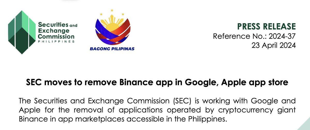 🚨PHILIPPINES SEC GOES TO WAR AGAINST BINANCE🚨 Blocking Binance will “prevent the further proliferation of its illegal activities in the country” - According to a post on the regulator’s official website, The Philippines version of the SEC is actively working with