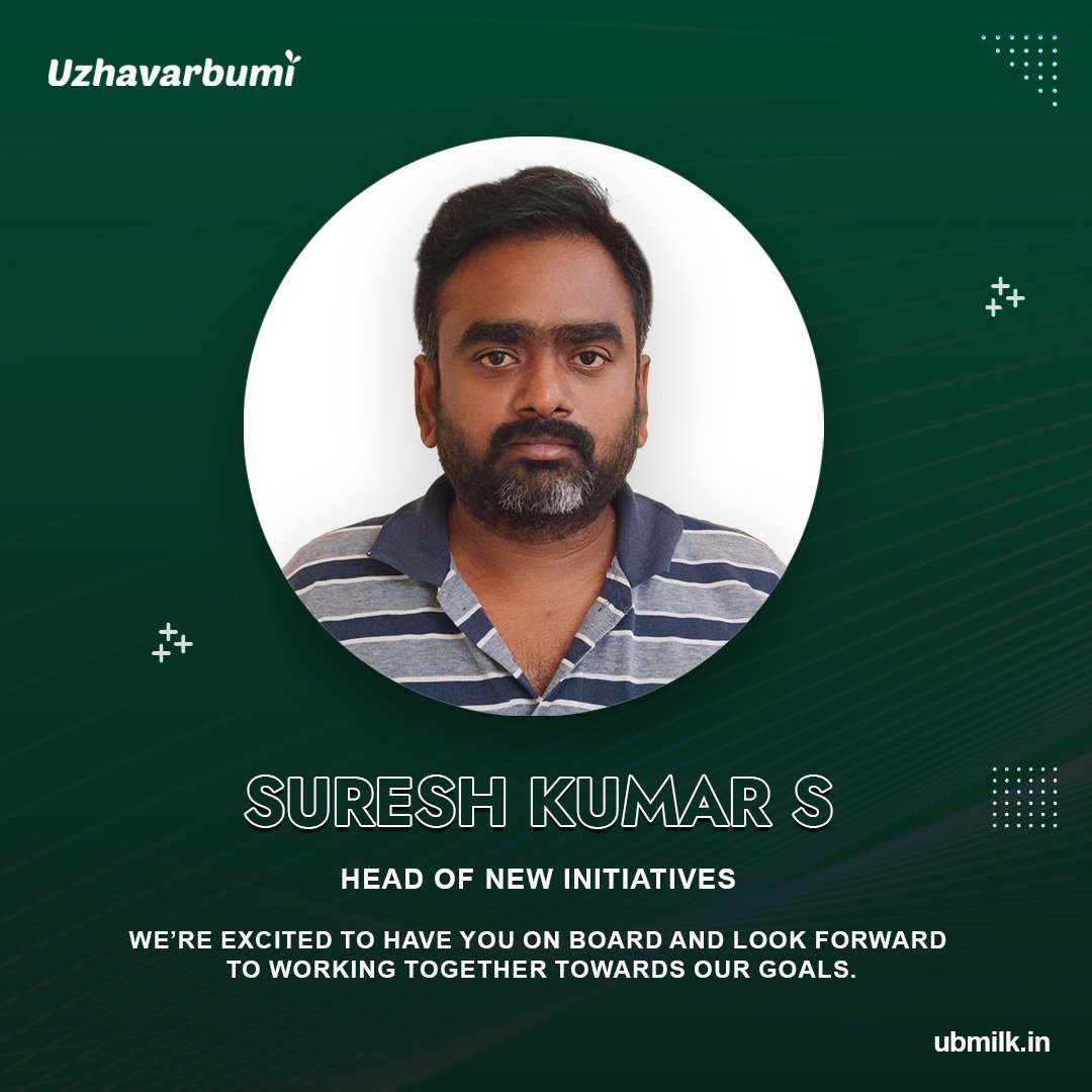 Welcome Mr. Suresh Kumar! Uzhavarbumi is excited to have you on board and explore growth opportunities together!

#Uzhavarbumi #WeServeWhatYouDeserve #headofnewinitiatives #dairy #tamil #freshmilk #chennai #homedelivery #bottlemilk