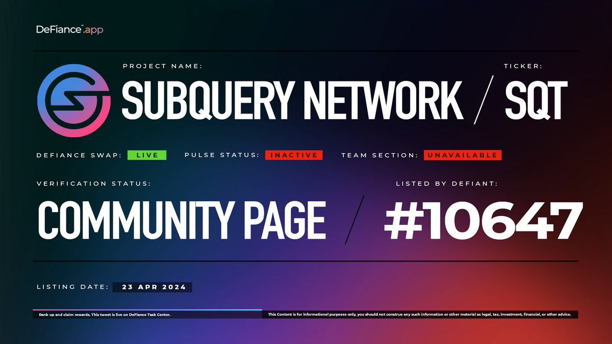.@SubQueryNetwork community page is now live on DeFiance.app/project/Subque…. 

$SQT is now listed on #DeFianceSwap. 

SubQuery is a decentralized data aggregation, indexing & querying layer between Layer-1 blockchains and decentralized applications. 

Learn more at: