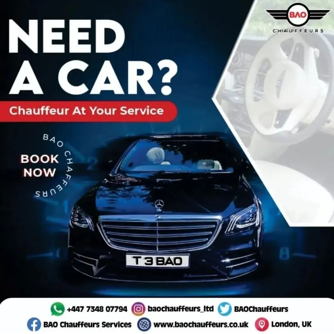 Bao_chauffeurs's tweet photo. At Baochauffeurs, we offer executive chauffeur service. 

Our drivers are professionally trained, and our services are the absolute best 

Do you need a ride? Book Us Now!

#Baochauffeurs  #chauffeurservices #privateouting #chauffeurservicesuk #corporateevents #corporateeventsuk https://t.co/Mg0BhoEm9r