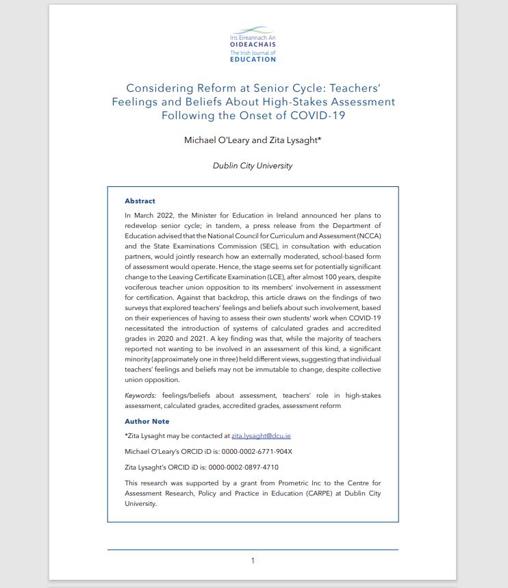 The 1st paper in Vol. 48 of the Irish Journal of Education has been published! 📚O’Leary and Lysaght discuss teacher feelings and beliefs about high-stakes assessment following the onset of COVID-19 in Ireland 👉bit.ly/3QewS8c 

#edchatie #loveirishresearch
