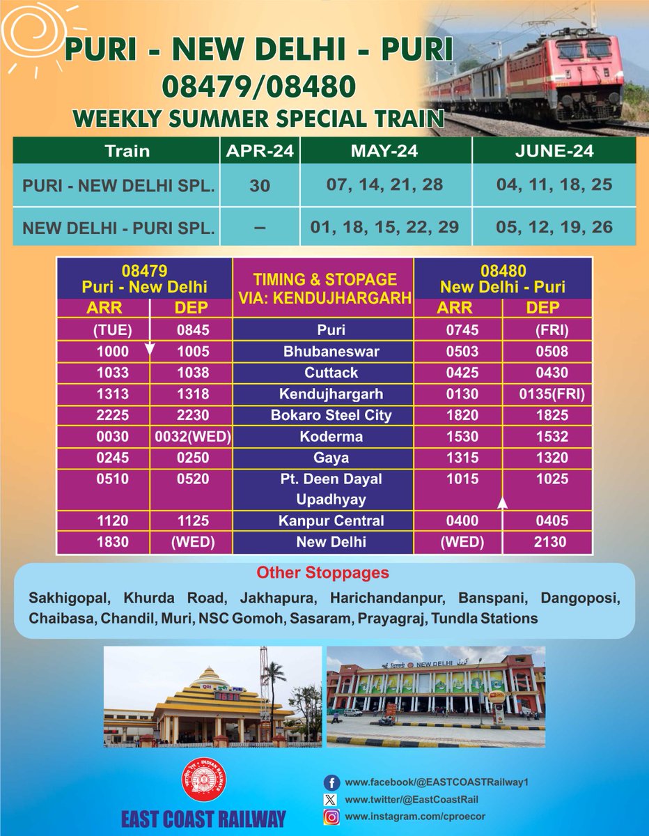 Puri-New Delhi-Puri weekly summer special train during summer rush.

@RailMinIndia 

#ECoRupdate