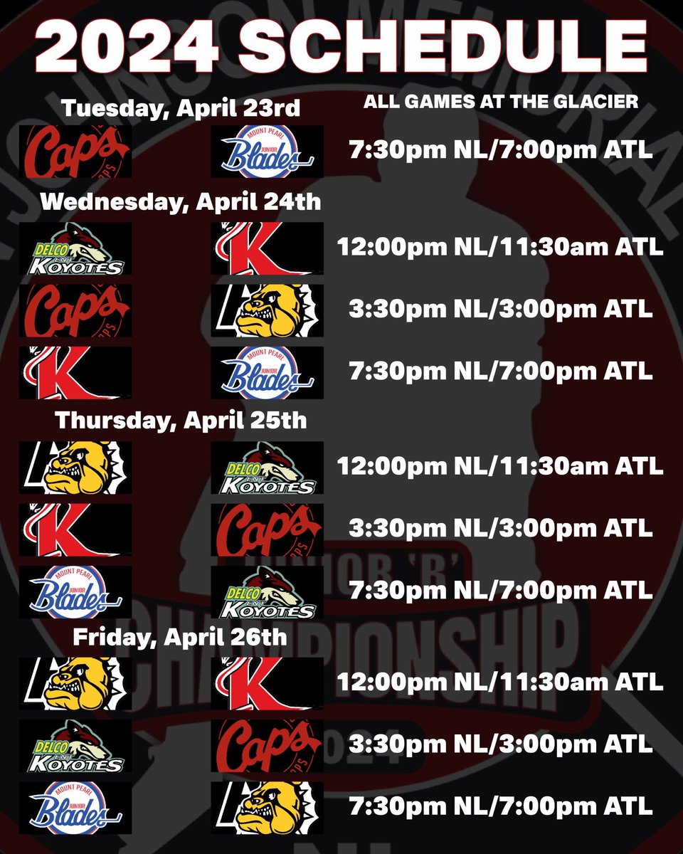 The 2024 Atlantic Junior Hockey Championships are happening at the Glacier starting TODAY!!!!  It’s going to be some great hockey action so check out the schedule below and come out and cheer on our Junior Blades.
#CommunityMatters #MountPearlProud #GoBladesGo