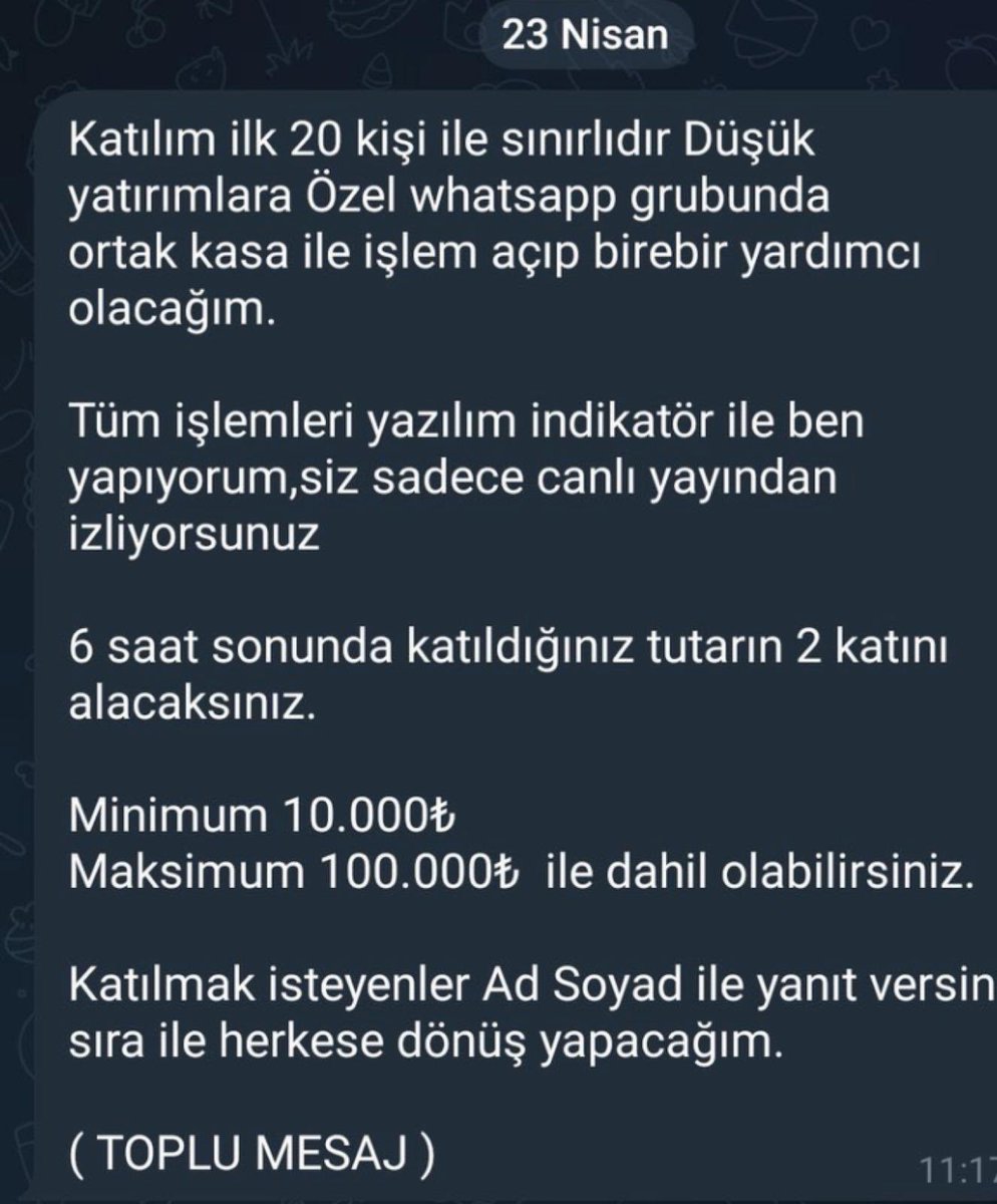 #sasa #ttrak #bimas #tavhl #kchol #garan #astor #enjsa #kontr #ercb #tuprs #odine Telegramda, özel grup, ortak kasa, 6 saatte 2 katı vs aşağıdaki gibi cümlelerle çağrı yapanlara 1 kere dahi kanma. Aynı şekilde sosyal medyada ünlülerin ismi ile dolandırıcılık yapılmaktadır.