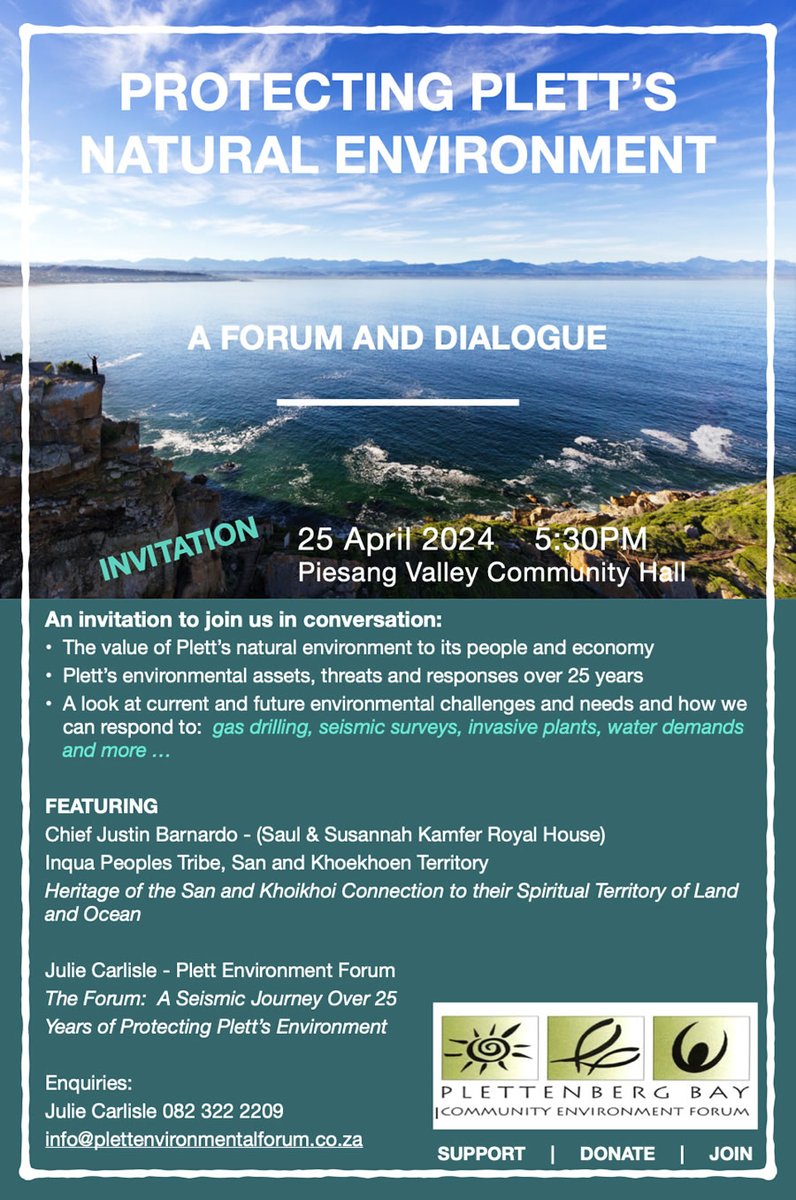 Plett_Tourism's tweet photo. Will you join the #ConservationConversation with #Plett Environmental Forum & Chief Justin Barnado on 25 April at Piesang Valley Hall at 5.30. See the poster for full details.
#plettitsafeeling #plettenvironmentalforum #sustainabletourism https://t.co/1KGn6IkhNj