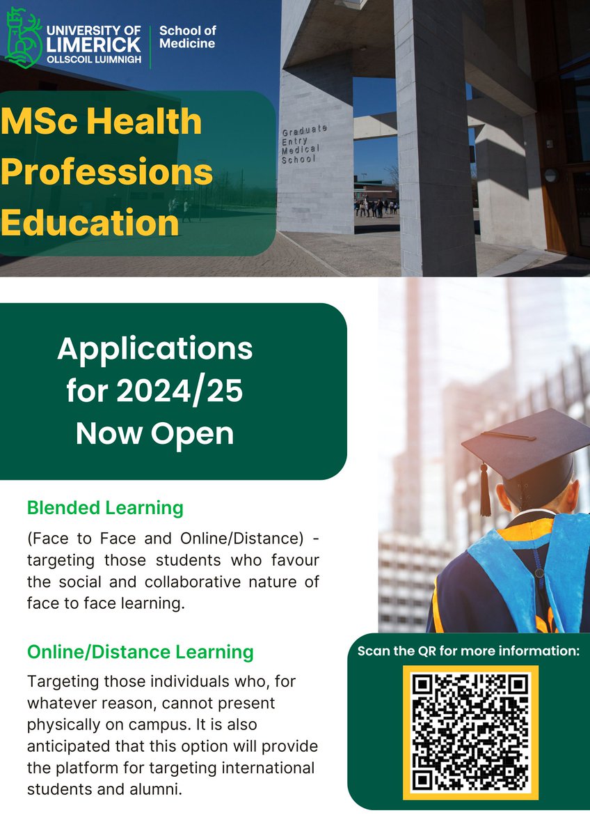 UL School of Medicine (@medicineatul) on Twitter photo Looking to upskill & develop your practice as an educator? Apply now for September 2024 with the MSc in Health Professions Education, Ireland’s only Academy of Medical Educators accredited health professionals’ programme.
ul.ie/gps/health-pro…
#PostGradAtUL <a href="/ProfColumDunne/">Colum Dunne</a> Looking to upskill & develop your practice as an educator? Apply now for September 2024 with the MSc in Health Professions Education, Ireland’s only Academy of Medical Educators accredited health professionals’ programme.
ul.ie/gps/health-pro…
#PostGradAtUL <a href="/ProfColumDunne/">Colum Dunne</a>