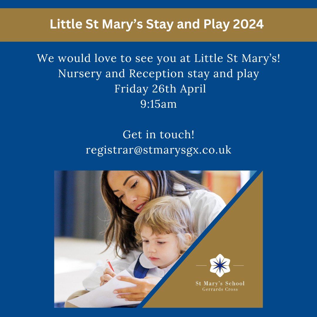 Little St Mary's Stay and Play Friday 26th April 9:15am There's still time to register for our Little St Mary's stay and play this Friday and we would love to see you there. Get in touch today - registrar@stmarysgx.co.uk #preprepstayandplay #nursery #reception #openday