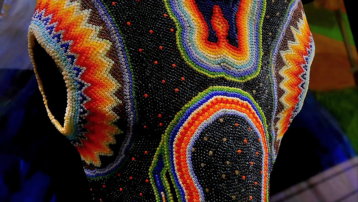 Partial detail of the Huichol Indian technique of beadwork that I dd on the buffalo skull for the 40' x 30' mixed-media piece, Yvnvsv-Pvnkv (Buffalo Dance), which won 1st Place in the Diverse Art Forms category at the 3rd Annual Mvskoke Art Market this past weekend.