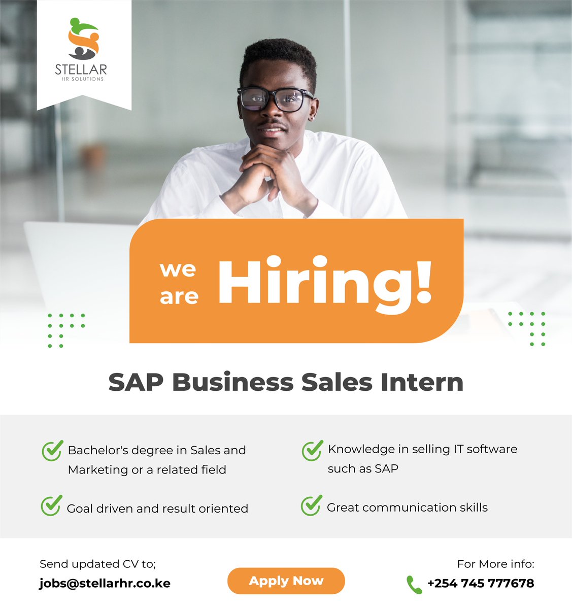 #WeAreHiring 

Our client in the business software solutions industry is seeking to acquire a business sales intern

You can apply via;
jobs@stellarhr.co.ke

#ikokazike #JobOpportunity