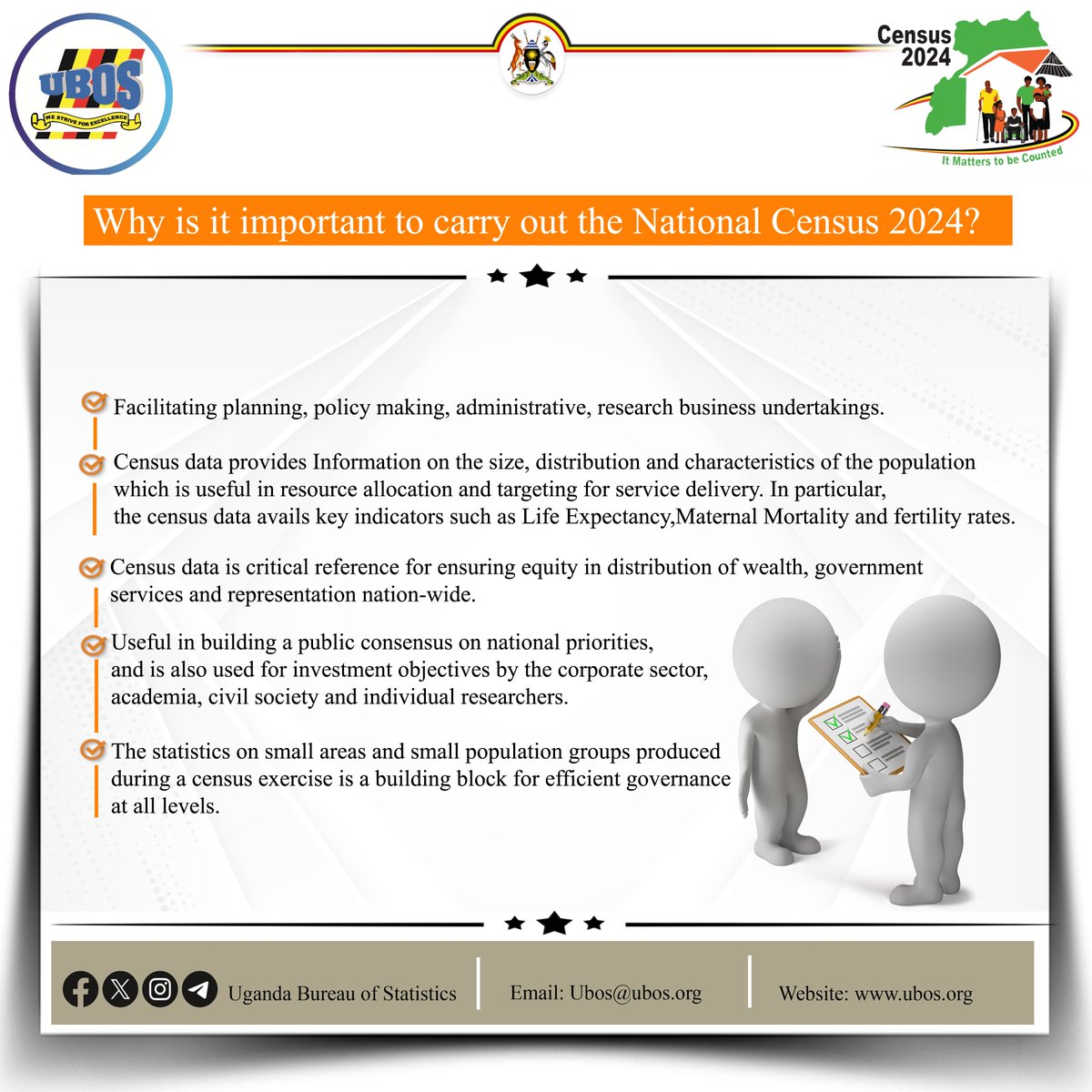 #UgandaCensus2024 𝐀𝐫𝐞 𝐲𝐨𝐮 𝐚𝐰𝐚𝐫𝐞? The upcoming 10th May 2024 National Census is set to collect data that will play a crucial role in the allocation of wealth, dispensation of government services, and general representation. Census 2024-It Mattes to be counted.