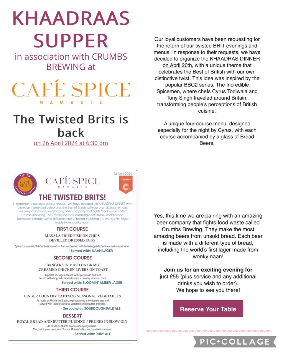 Come and join me @CafeSpiceNamast for a great evening with @chefcyrustodiw1 @MrsTodiwala @CrumbsBrewing #beer #indianfood
