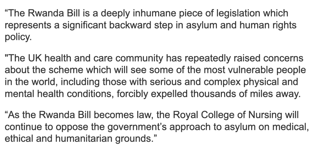 Strong words from the Royal College of Nursing this morning on passing of Rwanda Bill. 'We will continue to oppose gov approach to asylum on medical, ethical and humanitarian grounds.'