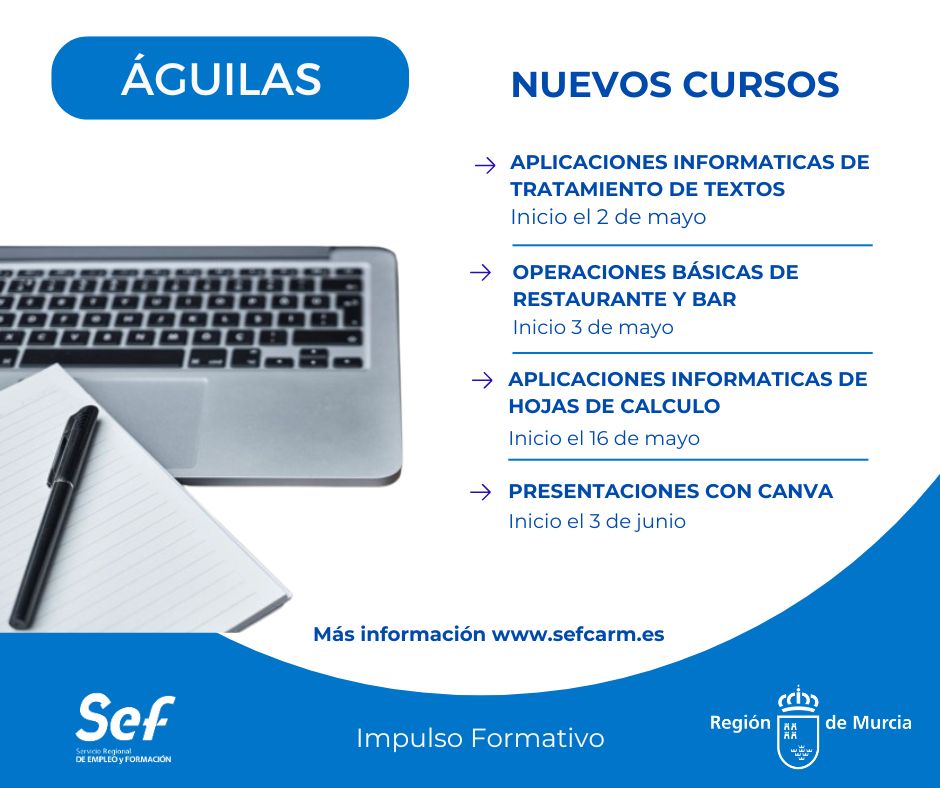 📢¿Resides en Águilas y quieres mejorar tu cualificación? ➡️Estos son los #cursosgratuitos del #SEF que se van a poner en marcha próximamente. Para más información 👇 sefcarm.es/web/pagina?IDC…