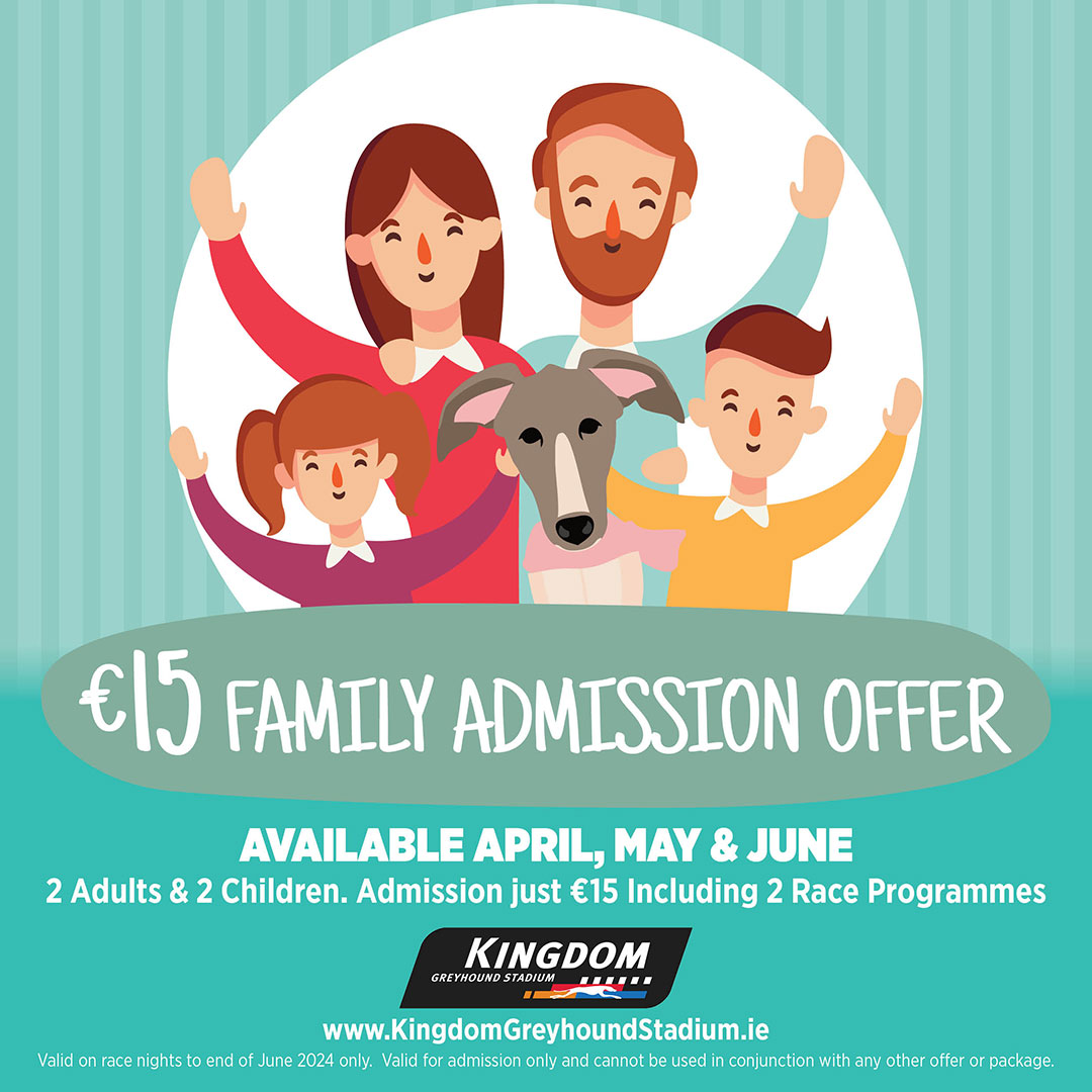 👨‍👩‍👧‍👦Check out our new Family Offer!👨‍👩‍👧‍👦 Enjoy a family night out this April, May and June for less! Our new admission offer gives 2 adults & 2 kids admission to racing and 2 race programmes for just €15!🎫 Check it out on grireland.ie/go-greyhound-r… #GoGreyhoundRacing #ThisRunsDeep