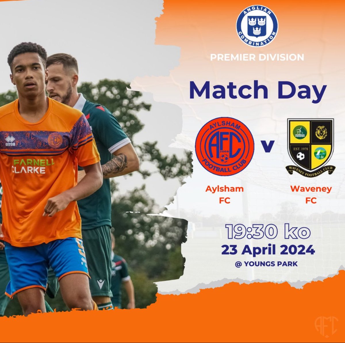 Who says Tuesdays have to be boring? 

Spice up your week with some top-tier football at Aylsham FC! 

🆚 - <a href="/WAVENEYOFFICIAL/">Waveney FC</a> 
📍 - Youngs Park, Woodgate Way, Aylsham, NR11 6FJ
📅 - Tuesday 23rd April 
🏆 - <a href="/AnglianCom/">Fosters Solicitors Anglian Combination</a> 
⌚️ - 19:30 KO 

🟠🔵