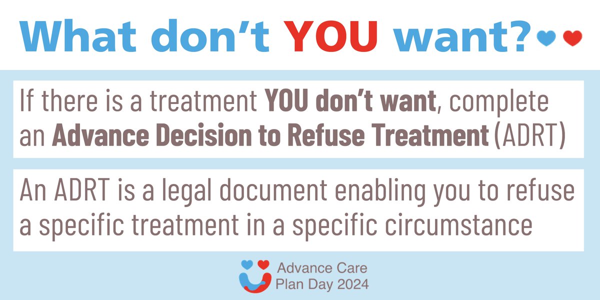 ACPDay2026's tweet photo. What is an ADRT?
'An Advance Decision to Refuse Treatment is a document that you can create when you have mental capacity to refuse a specific treatment for a future time when you lack capacity to make that decision'. ๐
https://t.co/xrPMVnG7jH ๐
#ACPDay2024 #ADRT #DMAW2024 https://t.co/lYa4JfchYg