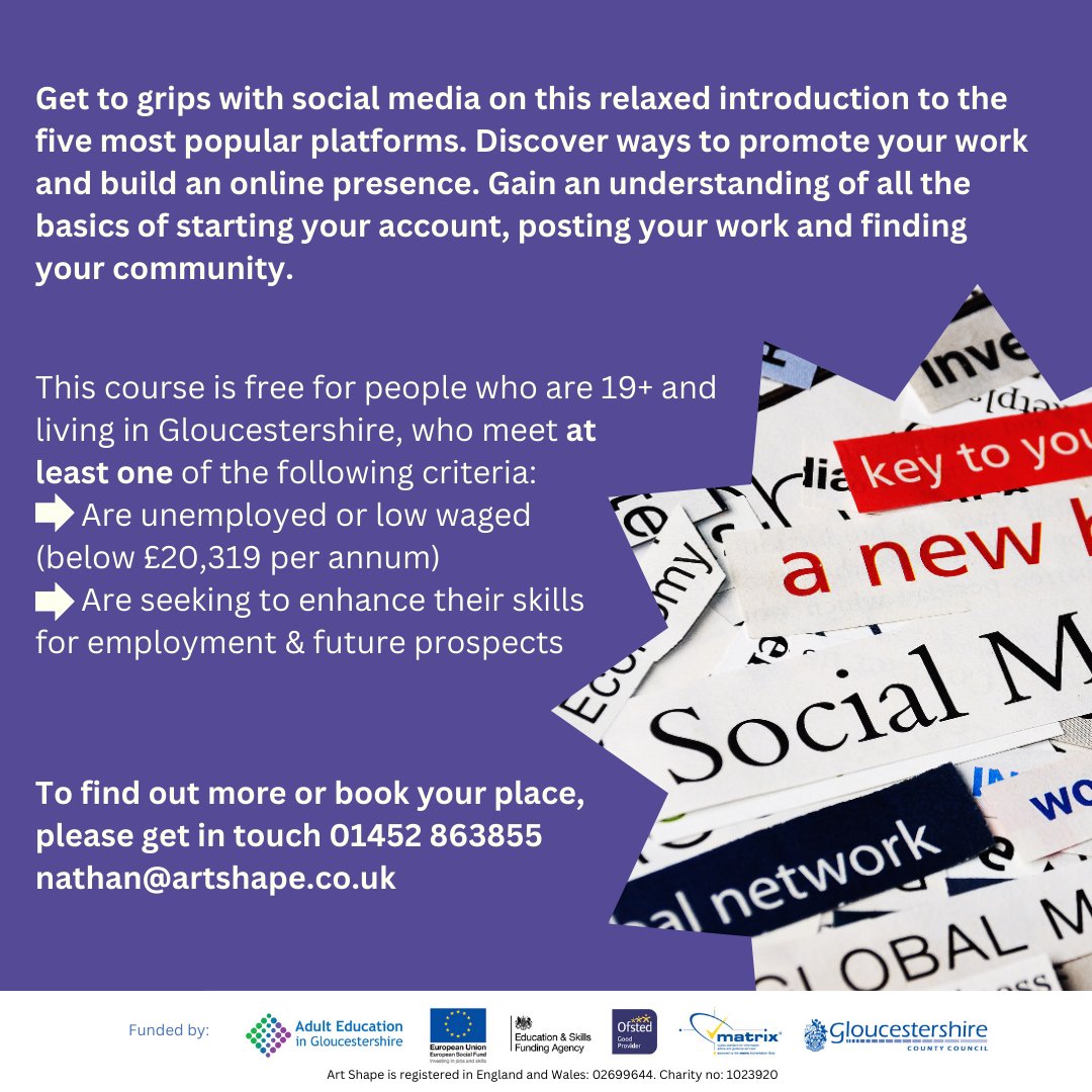 Get to grips with social media on this relaxed introduction to the five most popular platforms. Learn Onlina Via Google Classrooms To find out more or book your place, please get in touch 01452 863855 or email nathan@artshape.co.uk #Local #Glos #ArtShape #LearnOnline