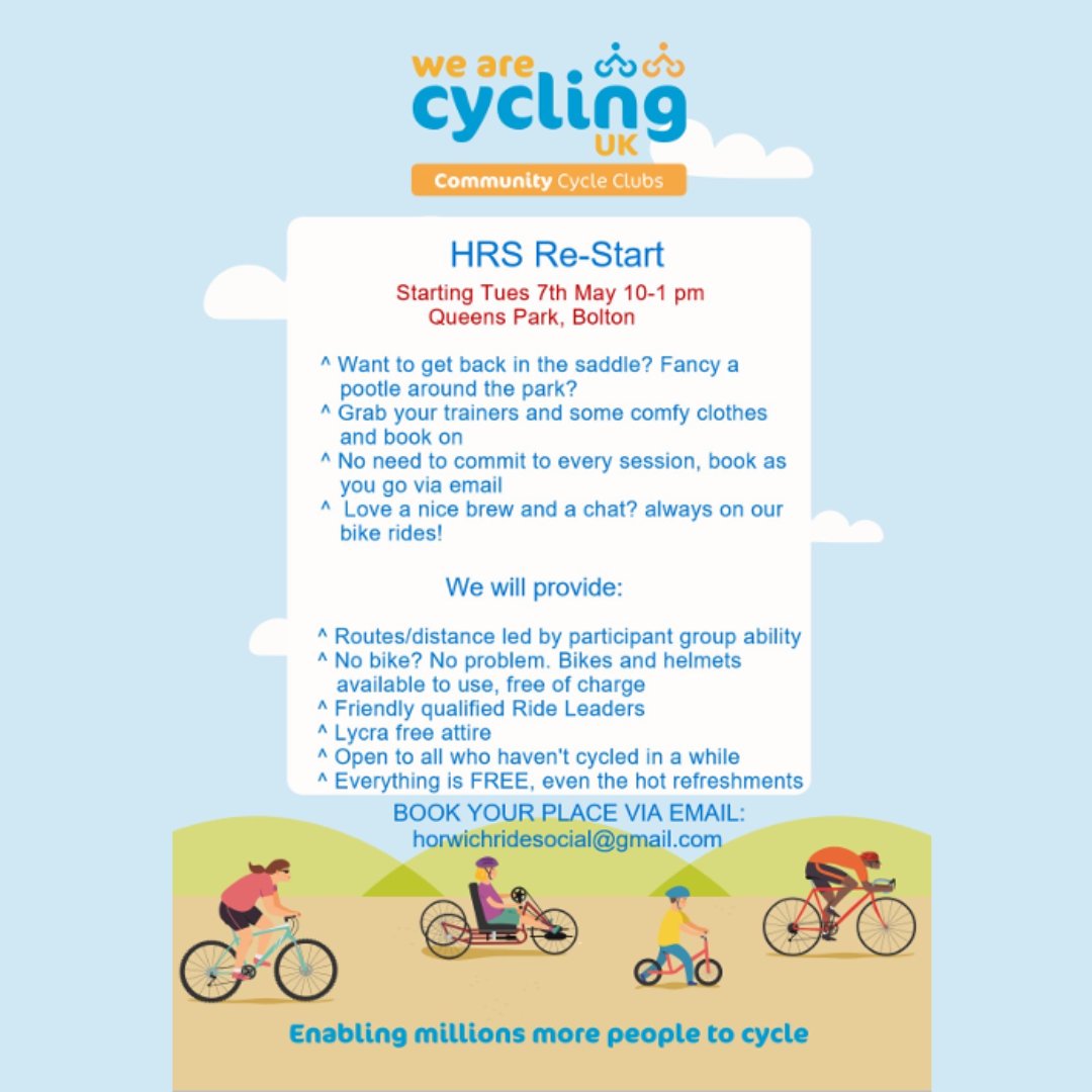 Horwich Ride Social is starting a new FREE re-start scheme on Tuesday 7th May for anyone in Bolton who wants to get back into cycling. Bikes and helmets are provided for those who don't have them. Email horwichridesocial@gmail.com to book your place.