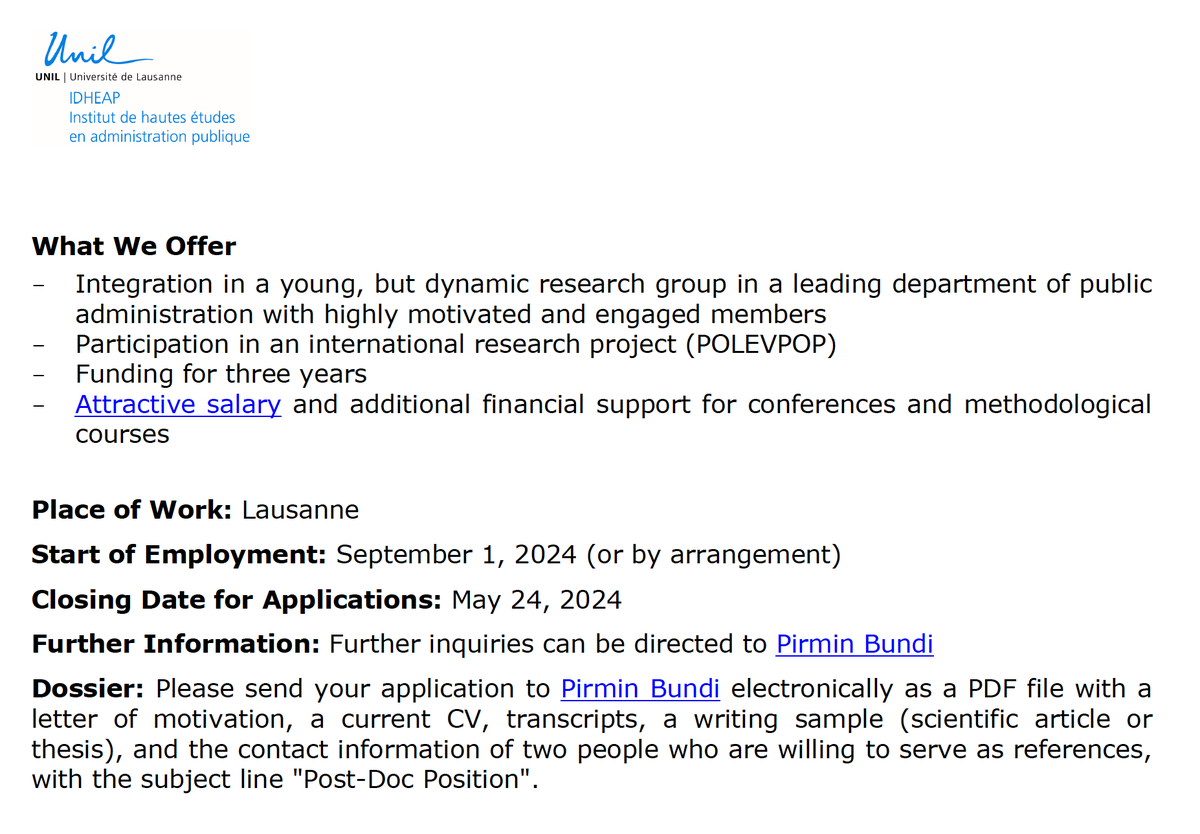 Pirmin Bundi (@pirminbundi) on Twitter photo Job advertisement 📢 🎓
I am looking for a PostDoc (3 years) for the #POLEVPOP <a href="/ERC_Research/">European Research Council (ERC)</a> Swiss team <a href="/unil/">Université de Lausanne</a> (with Frédéric Varone). The project investigates how politicians form their perceptions of public opinion. Apply here: tinyurl.com/2txv237d Job advertisement 📢 🎓
I am looking for a PostDoc (3 years) for the #POLEVPOP <a href="/ERC_Research/">European Research Council (ERC)</a> Swiss team <a href="/unil/">Université de Lausanne</a> (with Frédéric Varone). The project investigates how politicians form their perceptions of public opinion. Apply here: tinyurl.com/2txv237d