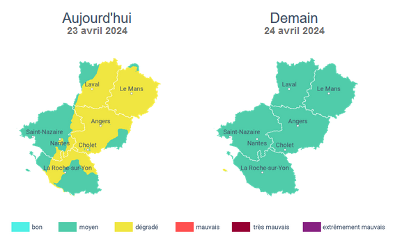 #PollutionDelAir La #QualitéDelAir sera majoritairement dégradée 🟡 aujourd'hui en #Mayenne en raison de la formation d'ozone. Les concentrations en ozone devraient diminuer dès demain et conduire à un indice moyen 🟢.