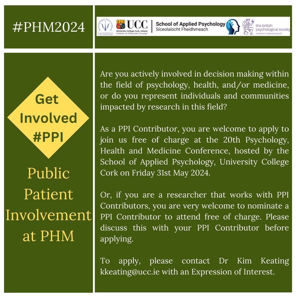 #PHM2024 Call for PPI Contributors! Join us at the 20th PHM conference, hosted by the School of Applied Psychology, UCC on Friday, May 31st, 2024, as a #PPI (Patient and Public Involvement) contributor. Find out more here ucc.ie/en/phm/patient…