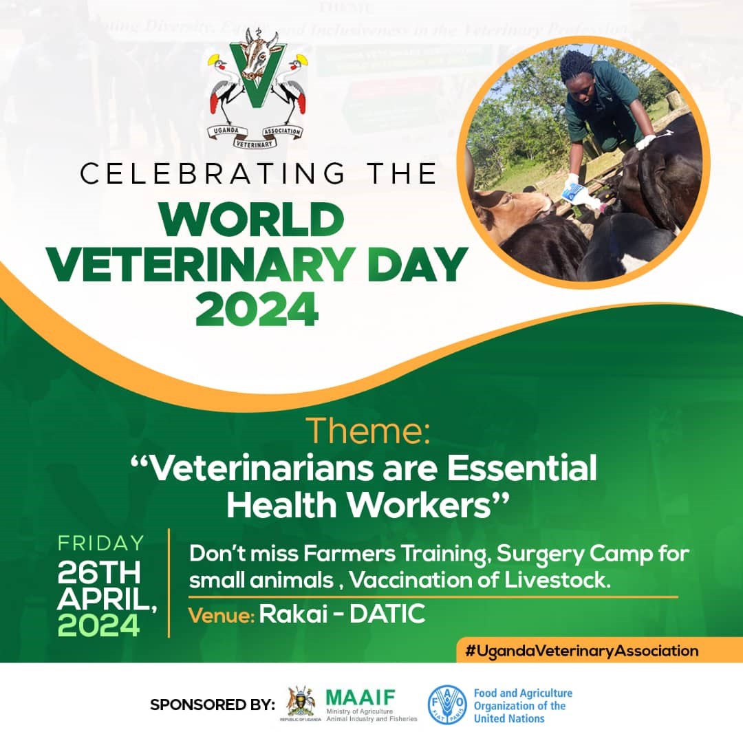 Save the date! Uganda will join the 🌍 global celebration of #WorldVeterinaryDay on April 26, 2024, in Rakai District. This year's theme highlights veterinarians as essential health workers for animal, human, & environmental well-being! #OneHealth Join us 👇