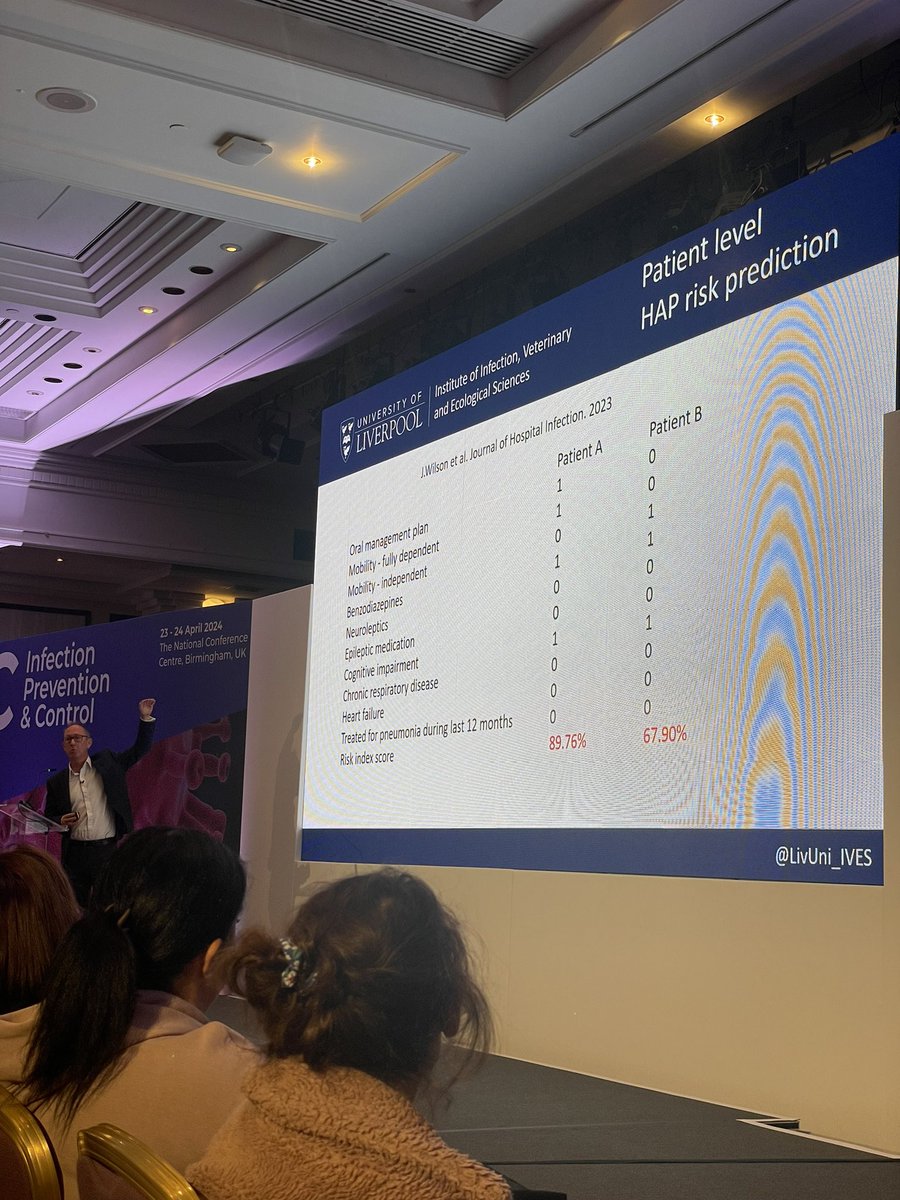 Dr Wooten presenting at #IPC24 on hospital acquired pneumonia and shows the @jhieditor study by @TalkJennie - here is the full paper journalofhospitalinfection.com/article/S0195-…