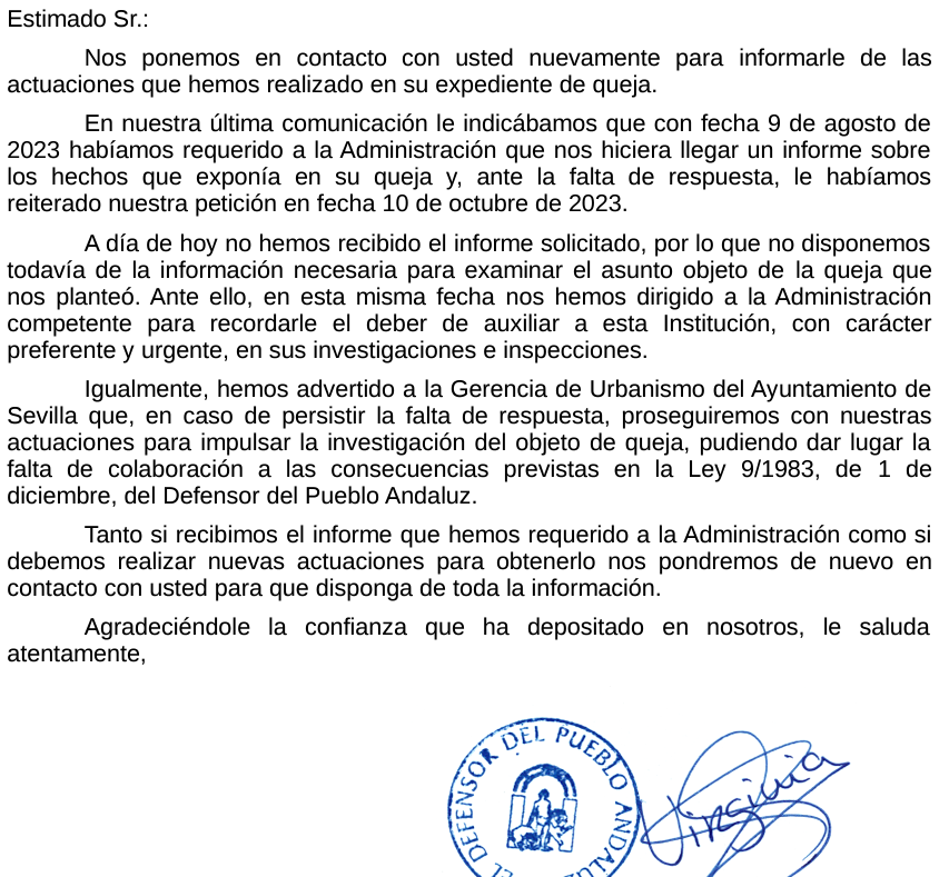 JuMaDoBa's tweet photo. Realizo una consulta a traves de la Sede electronica del ayuntamiento y no recibo respuesta.

Traslado la consulta al defensor del pueblo andaluz para tratar de obtener respuesta y ...

@jdelarosa100 @Ayto_Sevilla @jlsanzalcalde https://t.co/pYkc9rs2M0