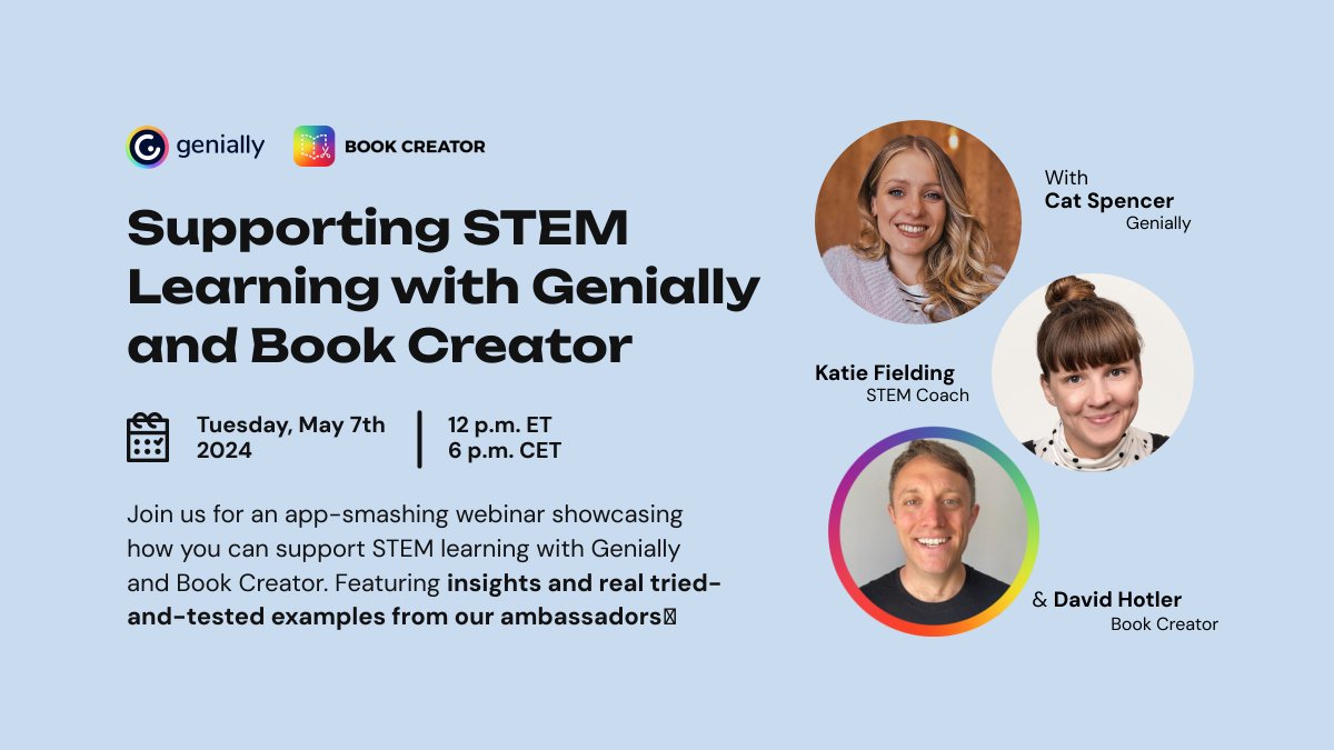📣Join us for an app-smashing webinar showcasing how you can support STEM learning with Genially and @BookCreatorApp 🔥Featuring insights and real tried-and-tested examples from our ambassadors 📅May 7th Registrations here: geniallyiscool.typeform.com/GeniallyxBC
