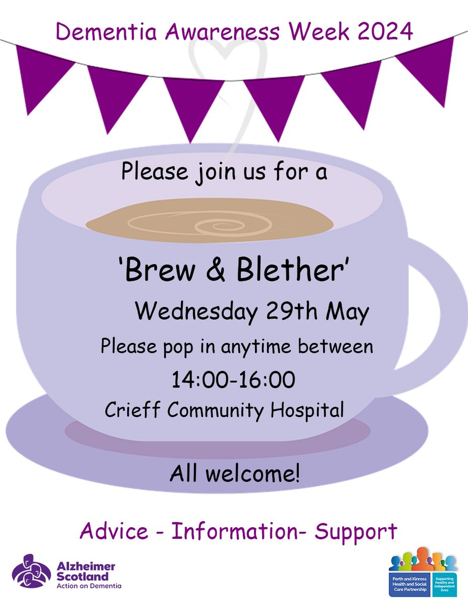 Join the South Perthshire Older People’s Community Mental Health Team and Alzheimer Scotland at Crieff Community Hosp on Wed, 29 May, 2-4pm. Enjoy a brew and a chat with people from various local services who will be able to give you information, advice and support.