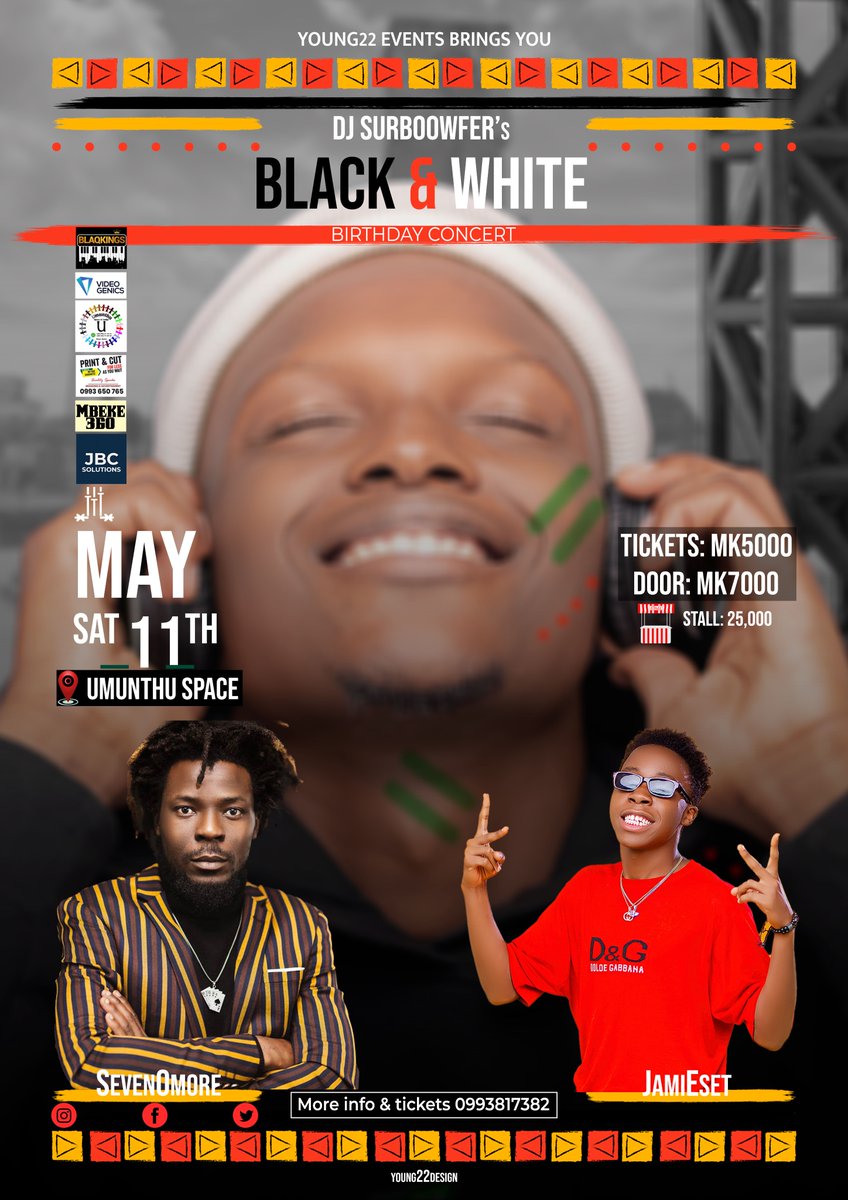 Hi Fam The 'DJ Surboowfer's Black & White Concert' First 2 headlining artist @SevenOmore1 and Mzuzu's very own JAMIESET.... Venue remains at Umunthu Space, Behind Mzuzu Shoprite.... Entry fee MK7000, or buy ticket at MK5000.... REPOST THIS IF YOU SEE IT, IT'S ALL LOVE