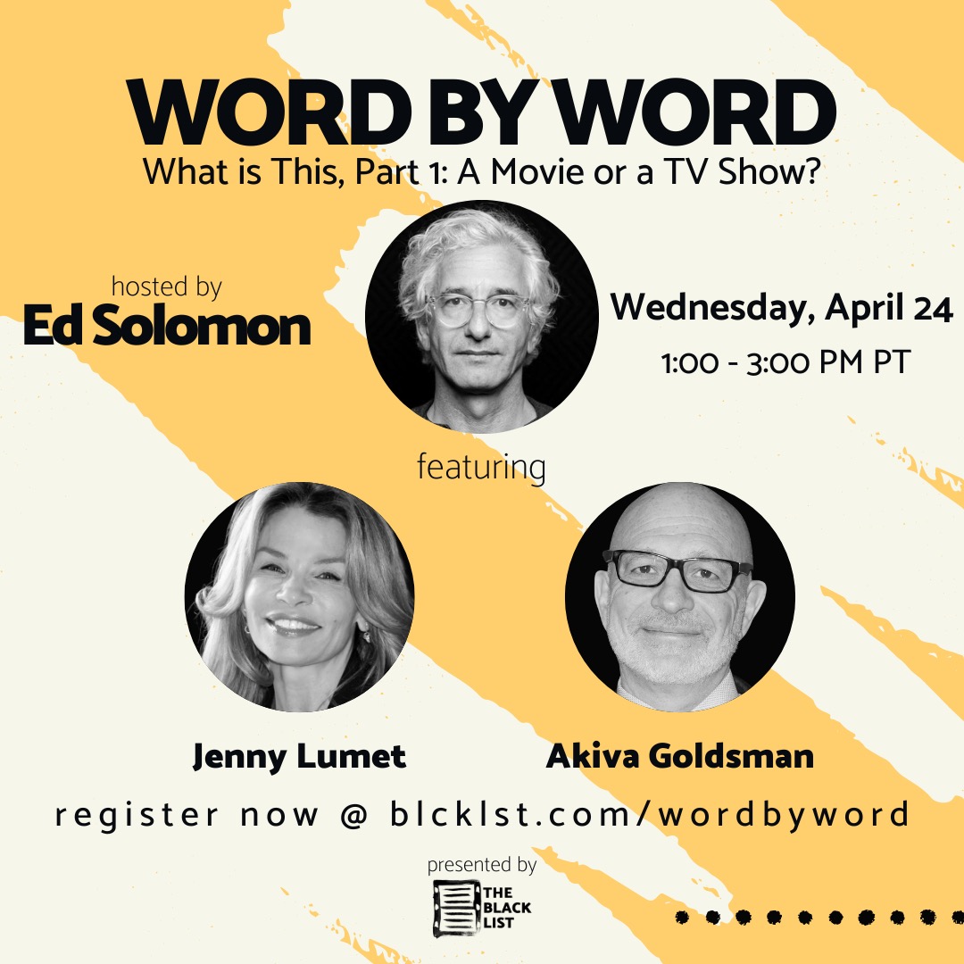 #WordByWord this Wednesday at 1 pm PT features Akiva Goldsman (A Beautiful Mind + something like 250 other things) & Jenny Lumet (Rachel Getting Married, all the Star Treks). Once again, all $ benefits support funds for #IATSE & #Teamsters. Sign up at blcklst.com/wordbyword.