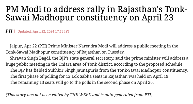 kapsology's tweet photo. 23 April 2024

Narendra Modi is on leave from PMO and campaigning for BJP using public tax money.

2 Rallies till 2:00 PM. 

No leave applied. https://t.co/WoIxTgLOsp