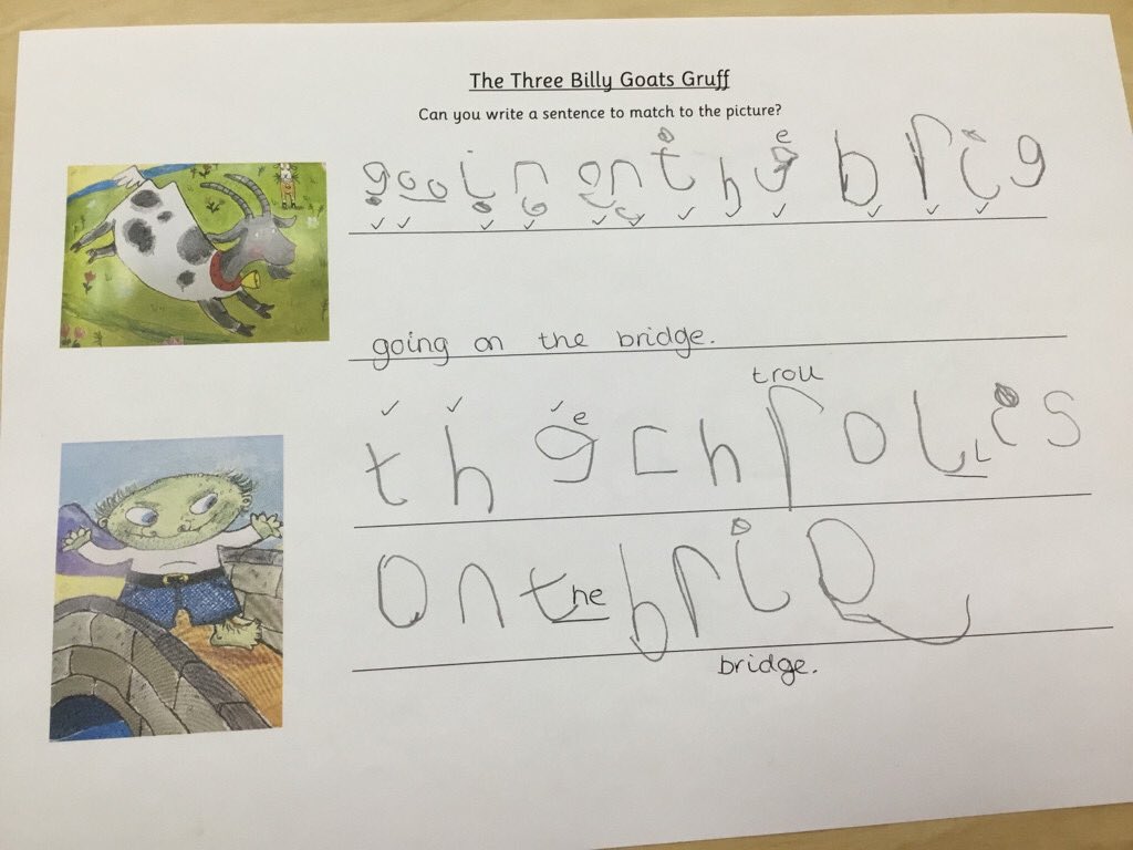 olvschool's tweet photo. Reception have been writing sentences about our key text, The Three Billy Goats Gruff. Super writing! #OLVEYFS #OLVEnglish @bcw_cat @FriendsPhonic https://t.co/YFQ2zdmXVO